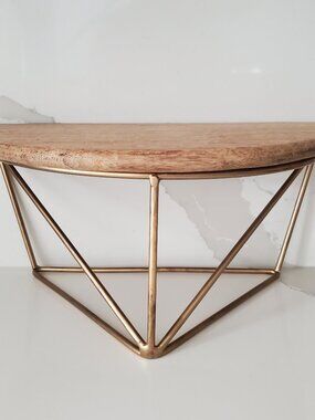 Modernist Abstract Wooden Wall Shelf Brass Metal Stand / Bracket